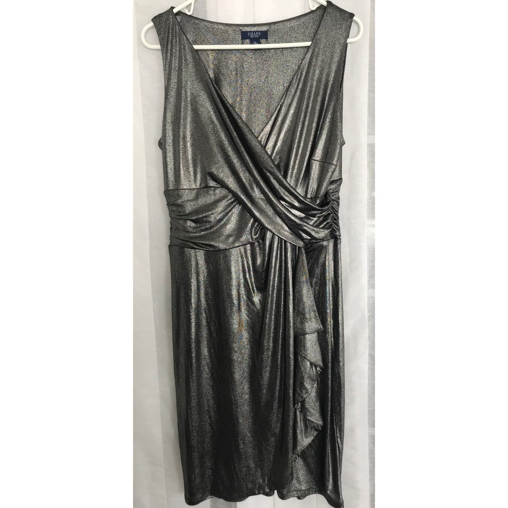Chaps Womens Silver Metallic Faux Wrap Ruched Cocktail Dress Large Sleeveless